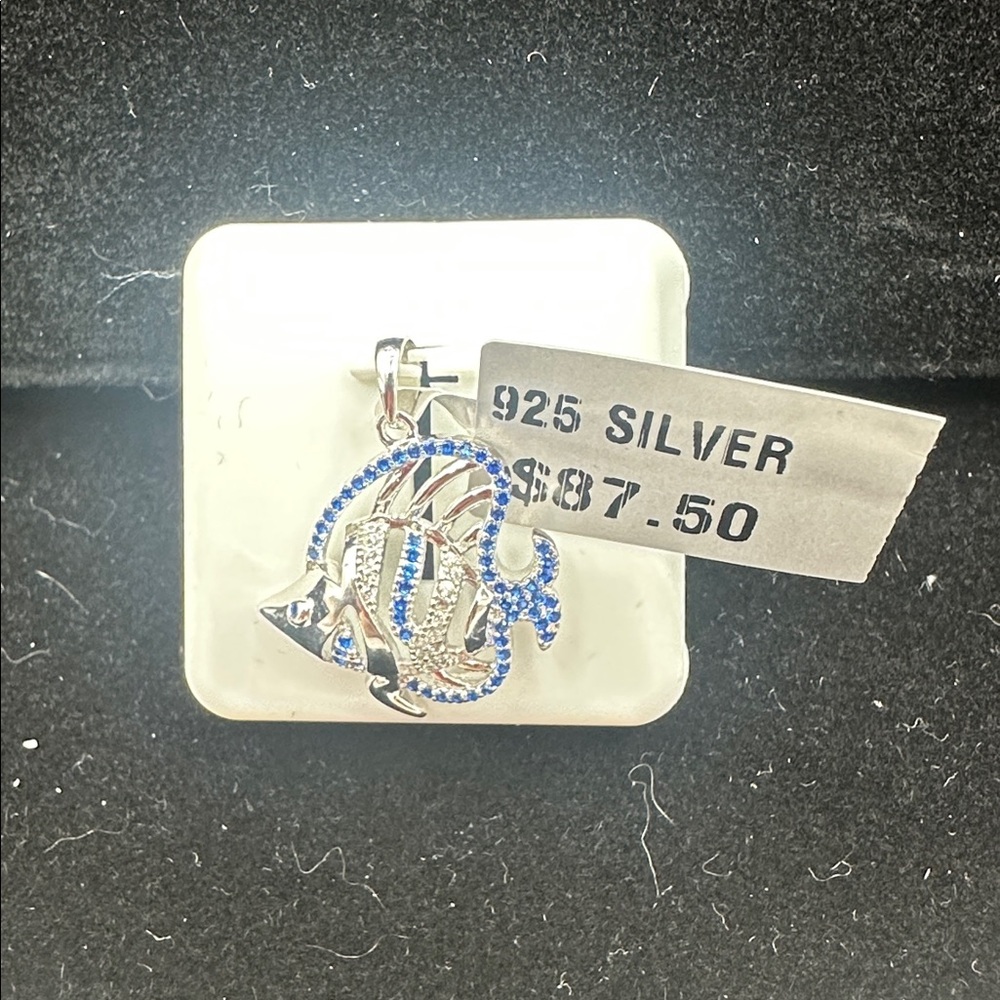 Sterling Silver Fish Pendant with Blue Stones